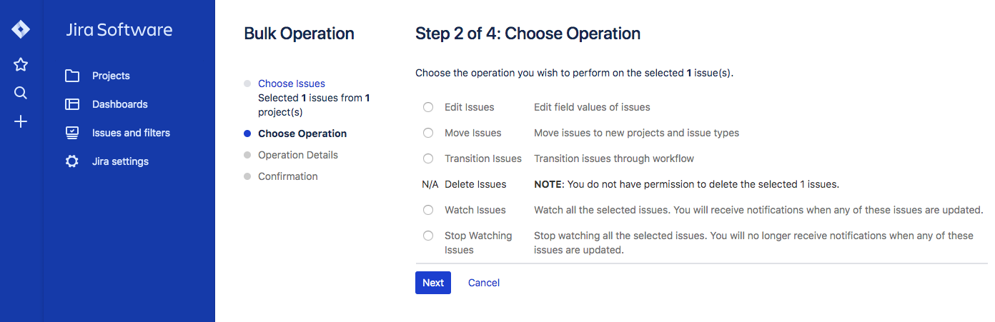 “You do not have permission to delete the selected 1 issues.”