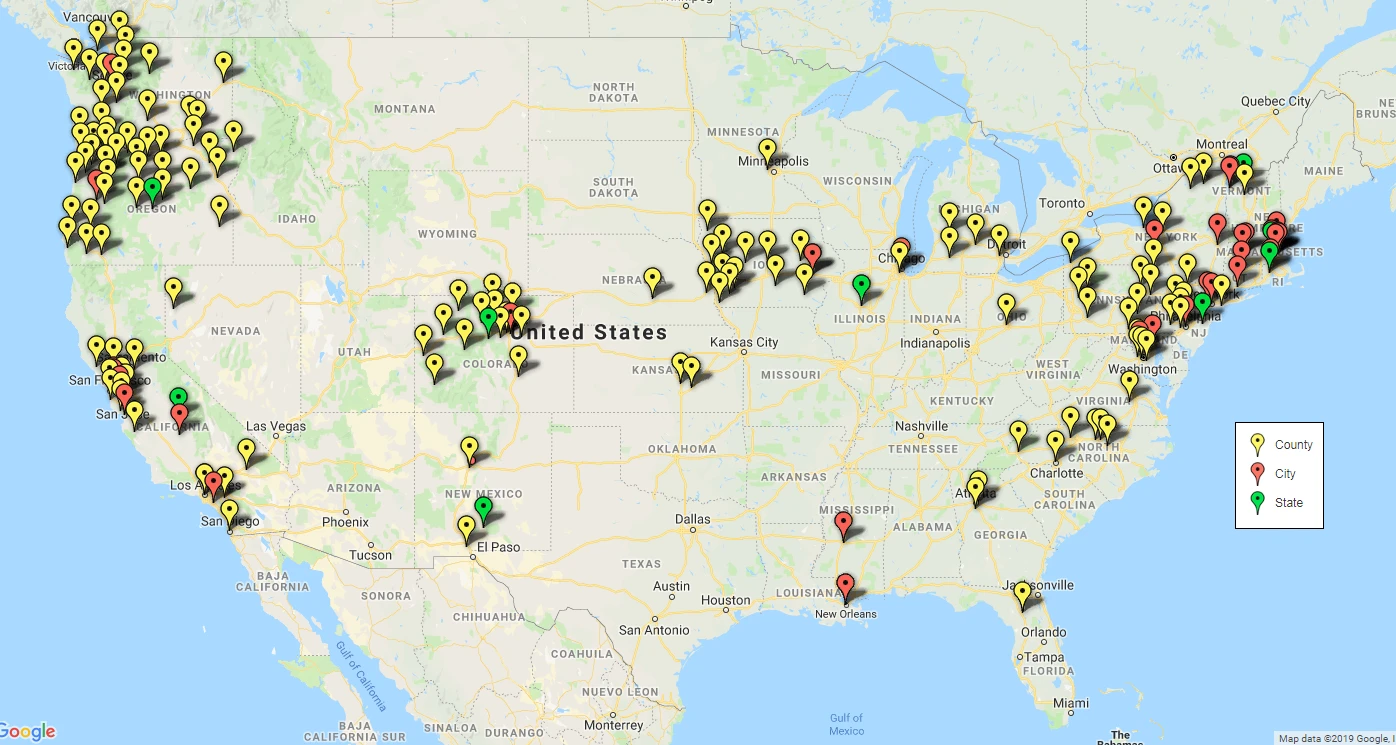 A map showing the locations of sanctuary cities.