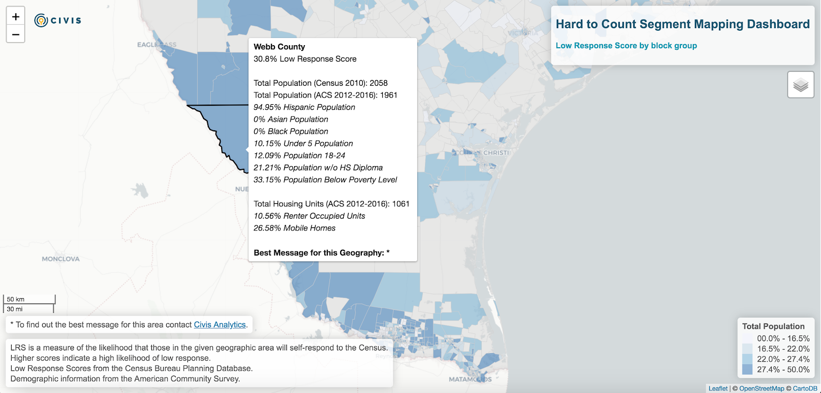 Zoom in of the hard count segment mapping dashboard showing Webb County in southern Texas