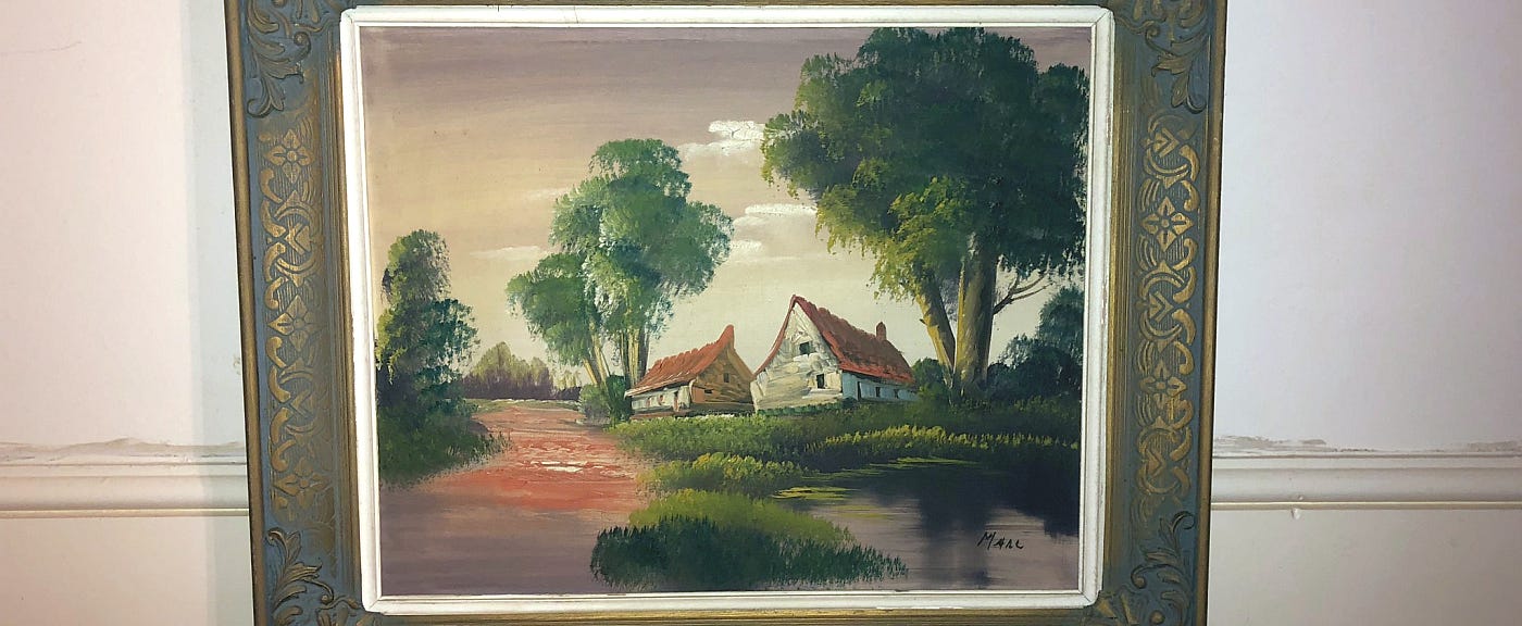 An old, not very valuable painting of two rural farm buildings