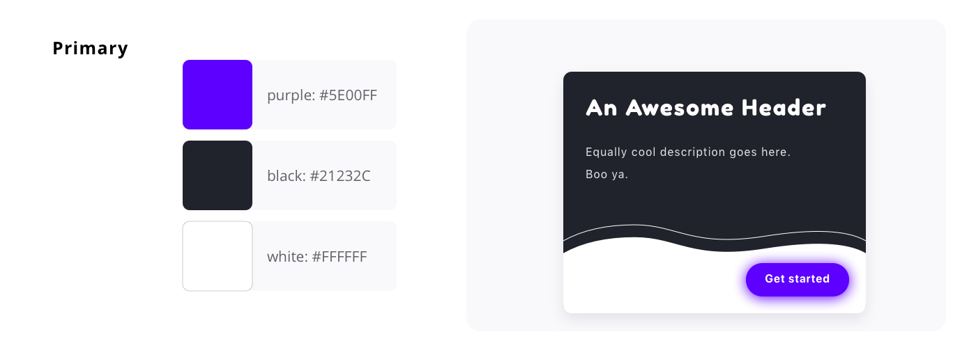 Here, primary colors are purple, black, and white. The primary colors are also shown on a card with button UI.