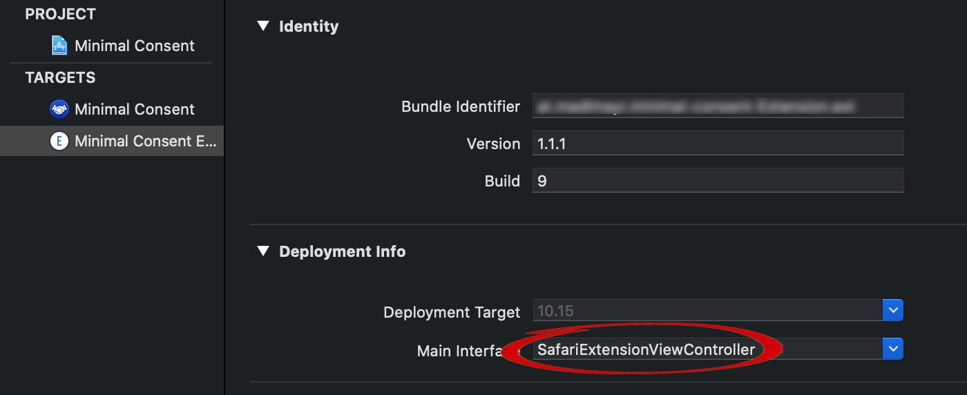 Project Settings of the Safari App Extensions Target