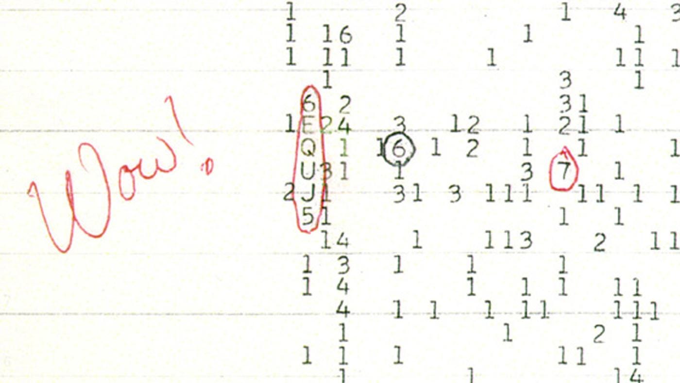 Ehman’s Wow! signal, 6EQUJ5, circled in red in a printout of vertically aligned single digits indicating radiowaves.