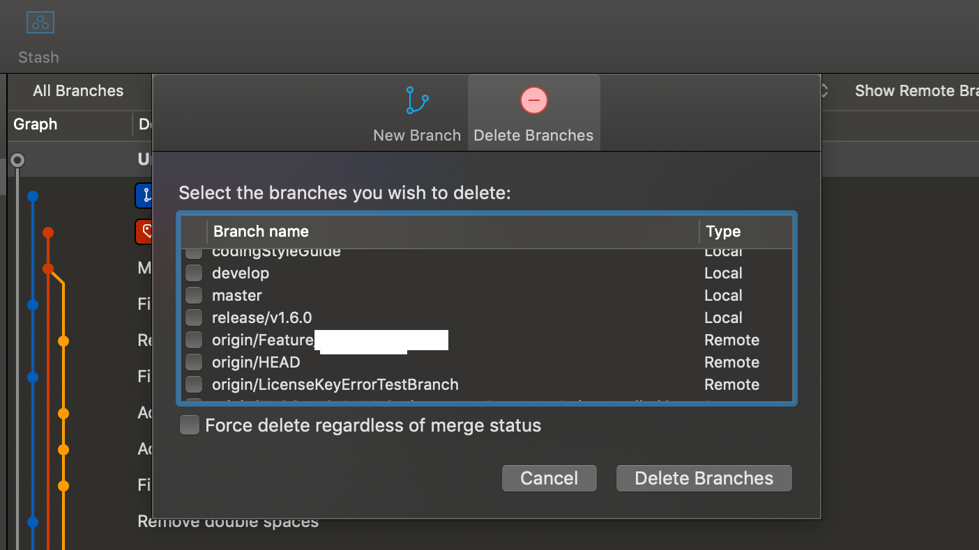 How to delete multiple local Git branches from Sourcetree