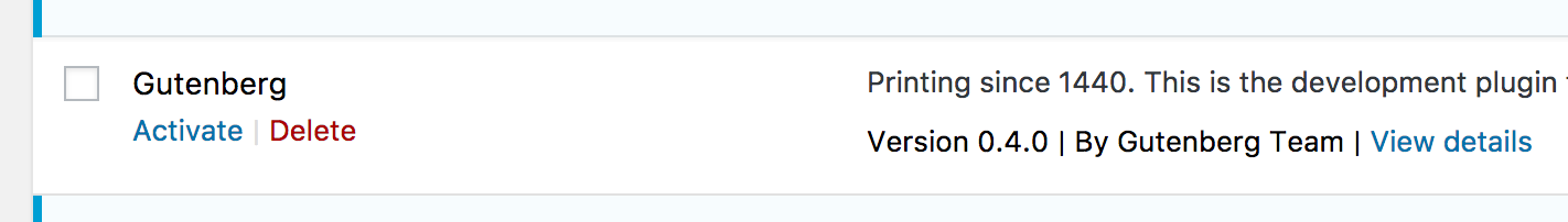 Capture d'écran de la page des plugins WordPress, présentant le plugin Gutenberg actuellement dans l'état désactivé/non coché.