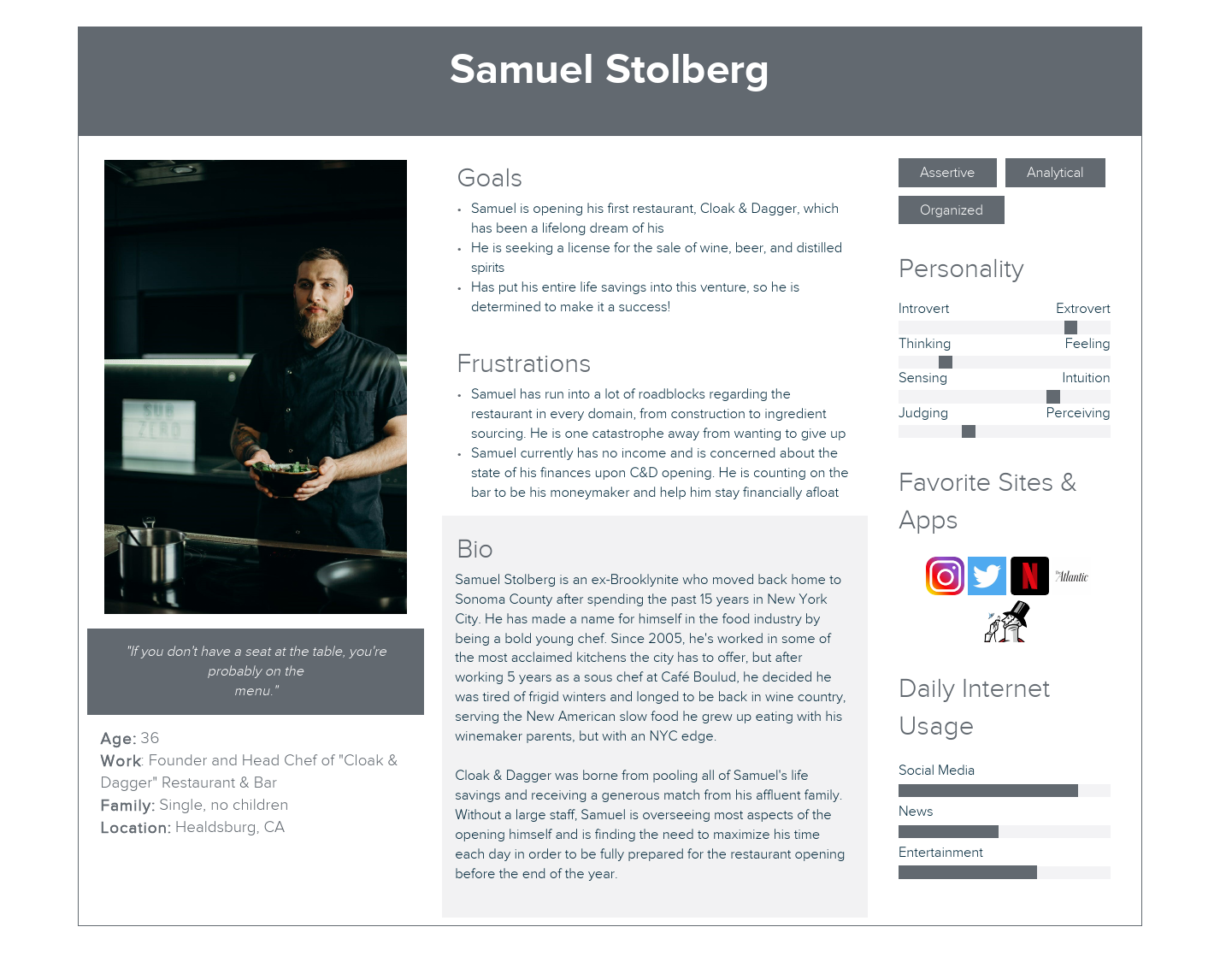 Picture of user persona author made of “Samuel Stolberg”- a chef who is opening his own restaurant & needs a liquor license.