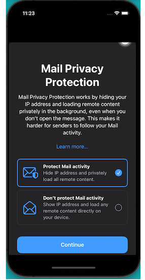 ios 15 Mail Privacy Protection dialog