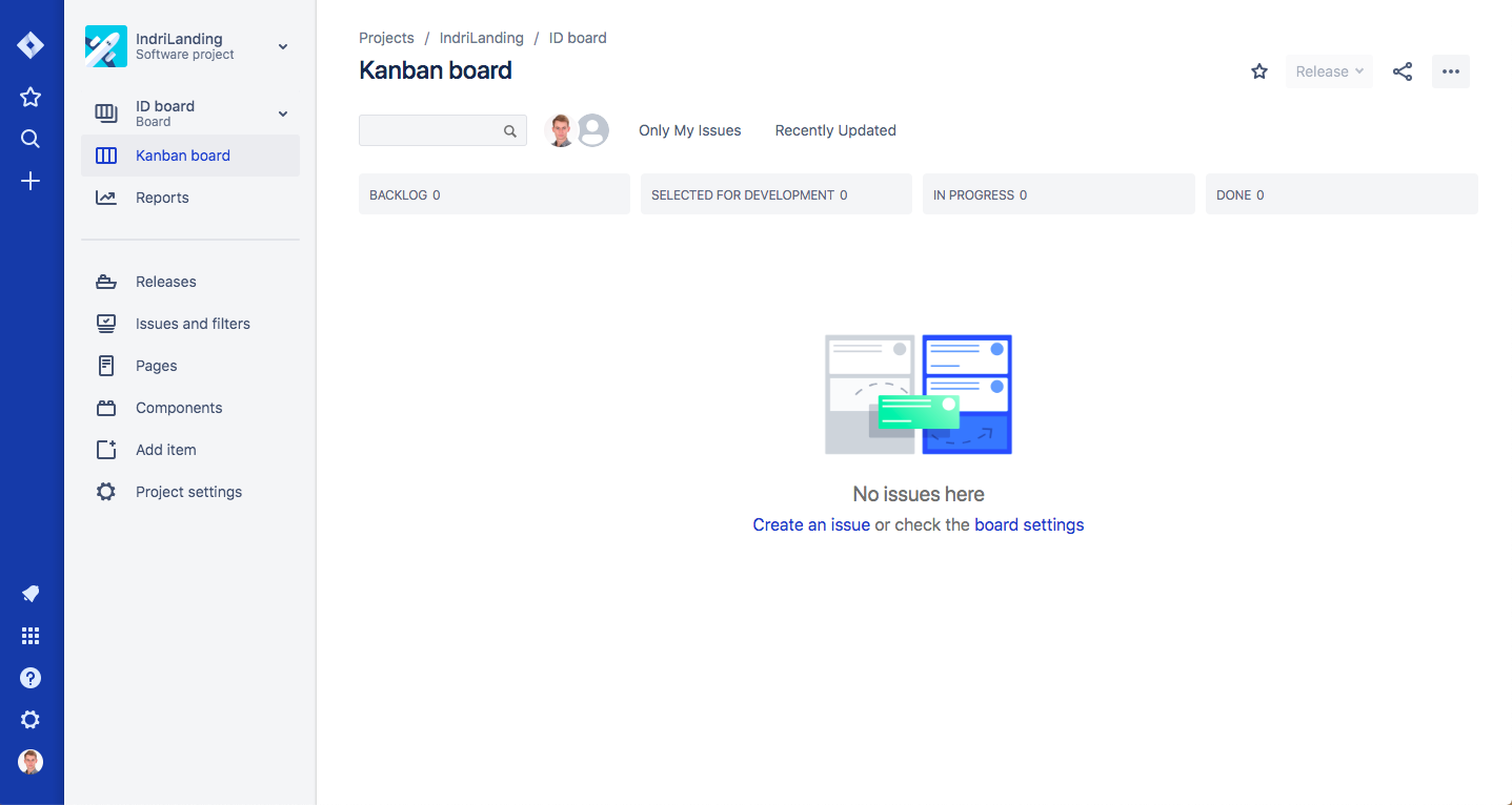 Kanban board — first view you see after creating a project.