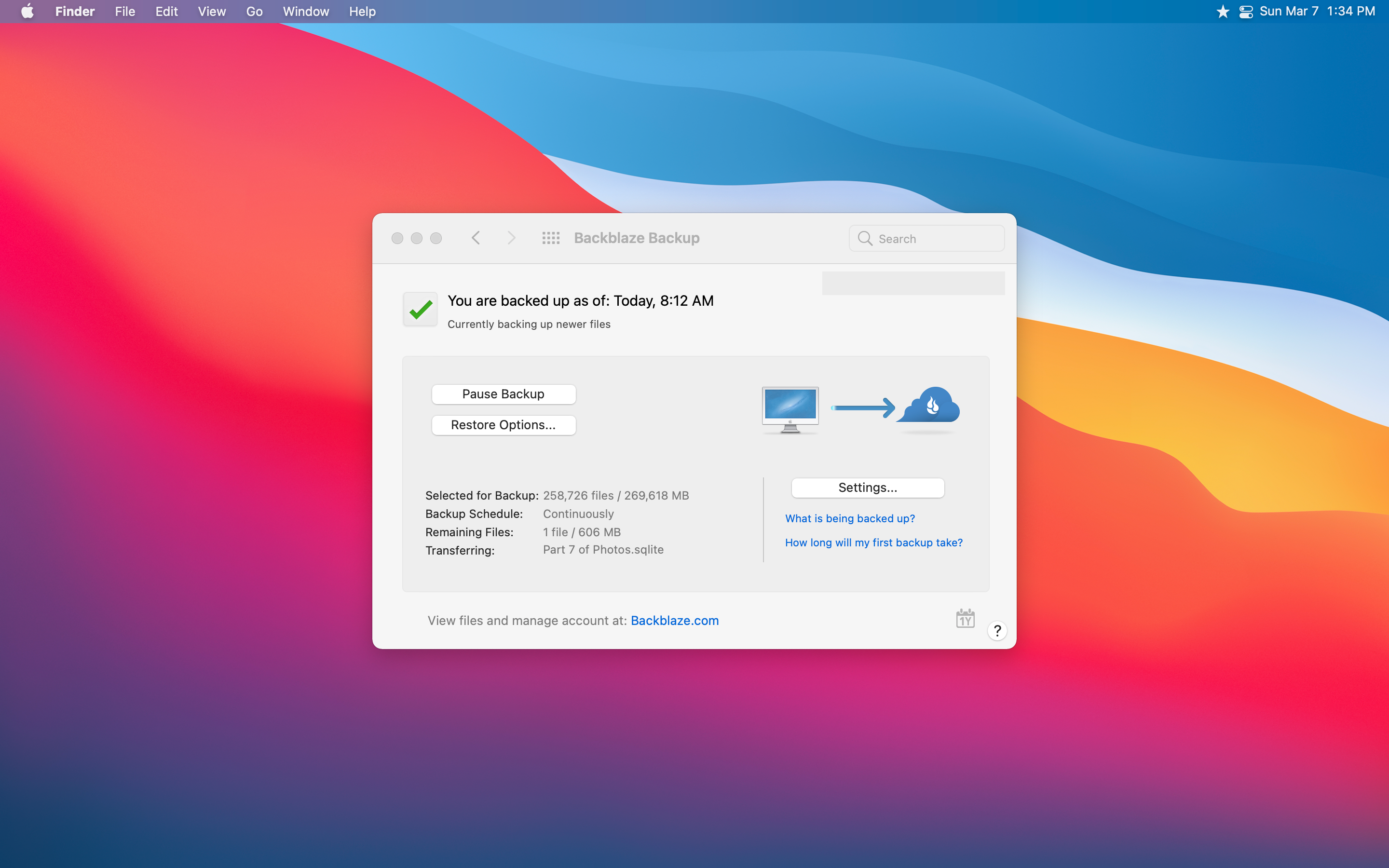 BackBlaze Preferences window open from settings.