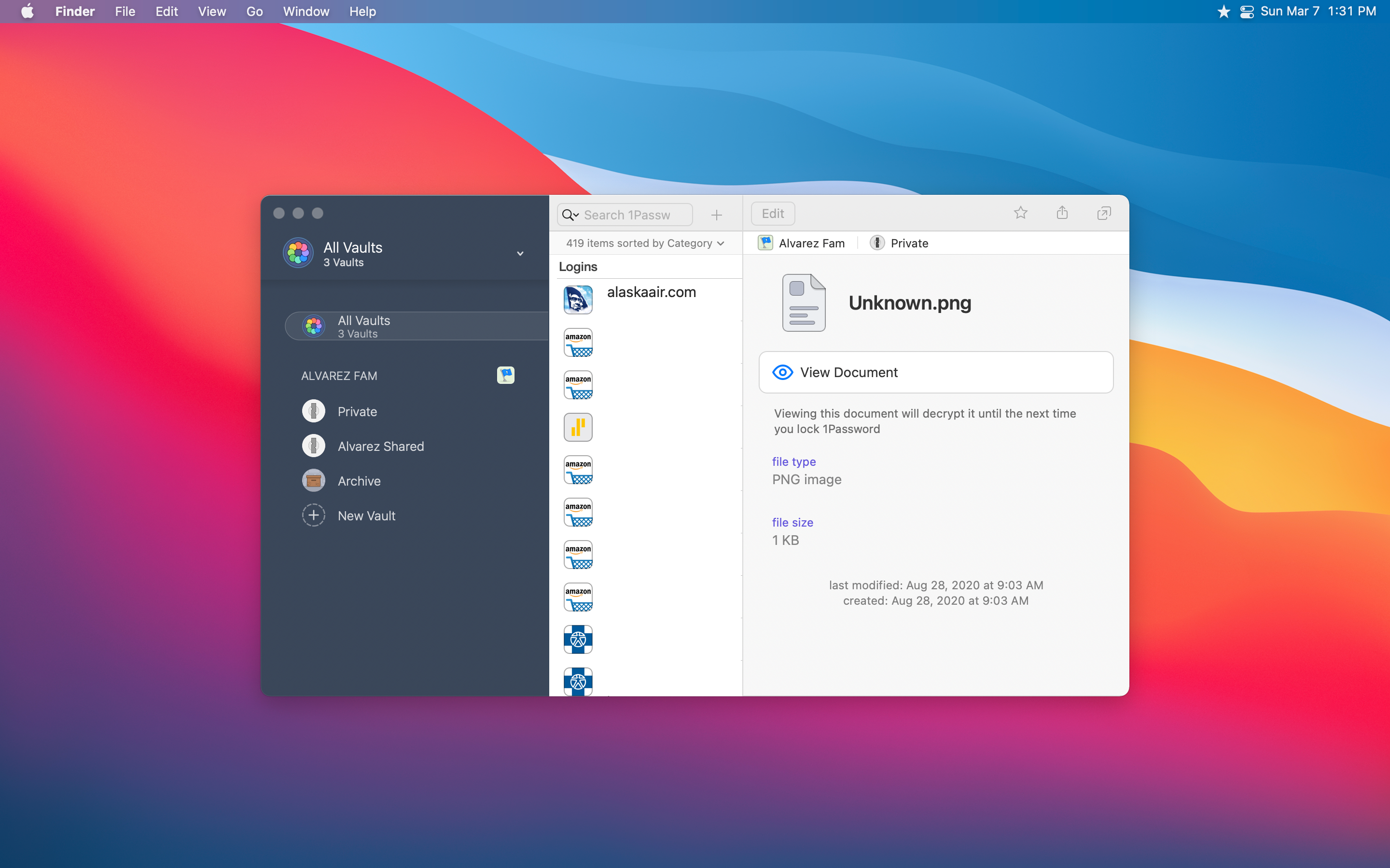 1Password application showing my vaults.