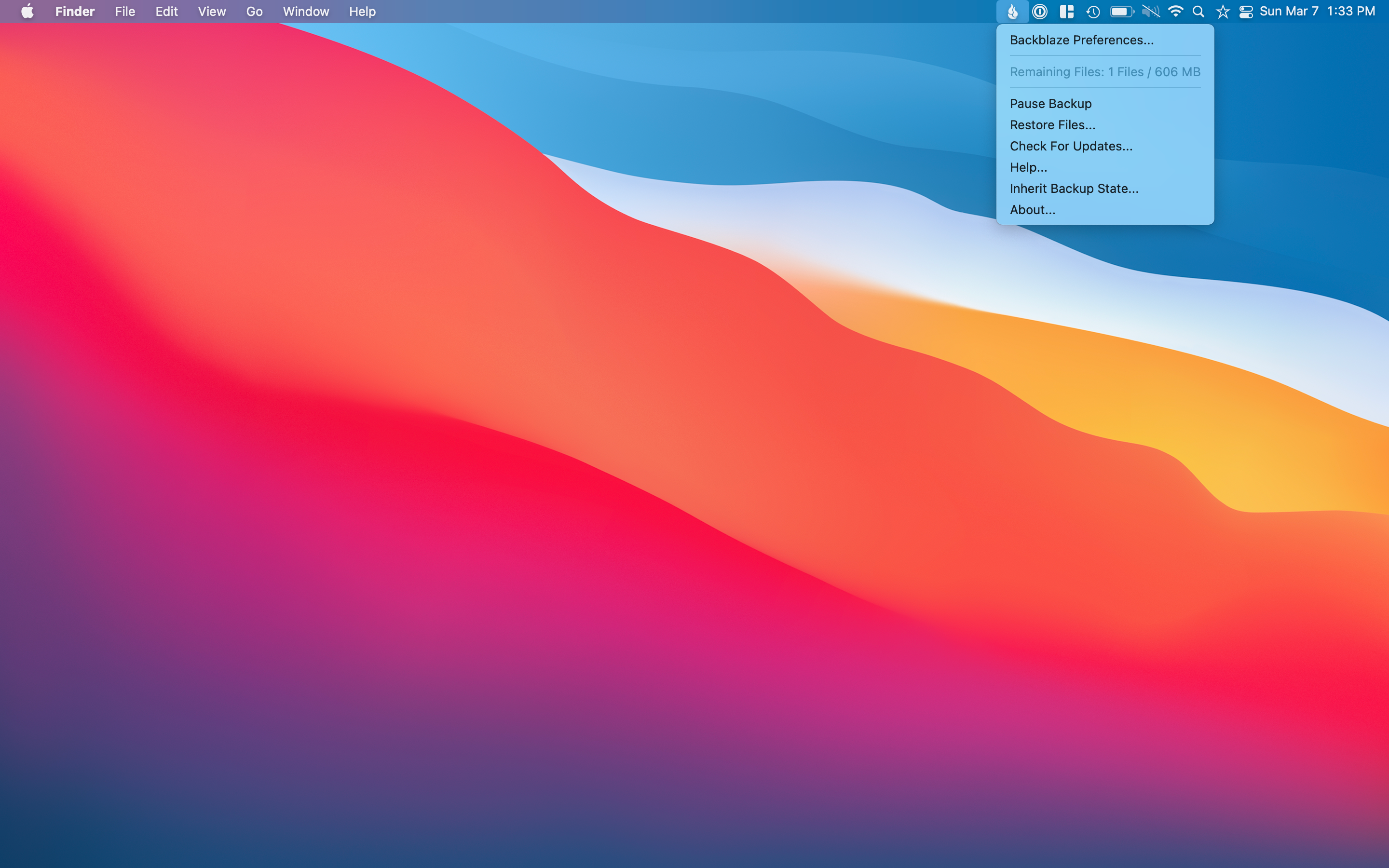 BackBlaze options available in menu bar.