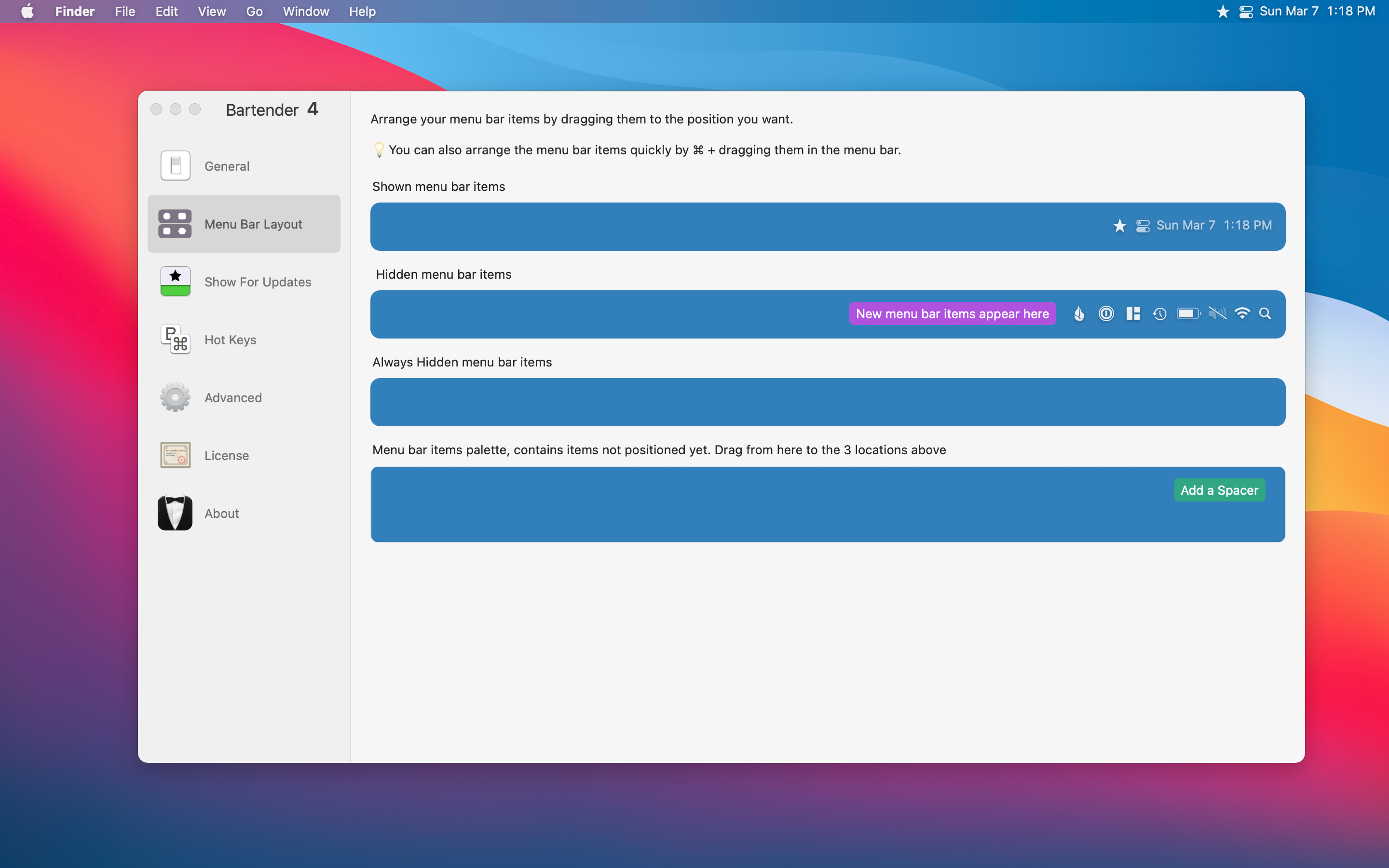 Showing Bartender Preferences screen.
