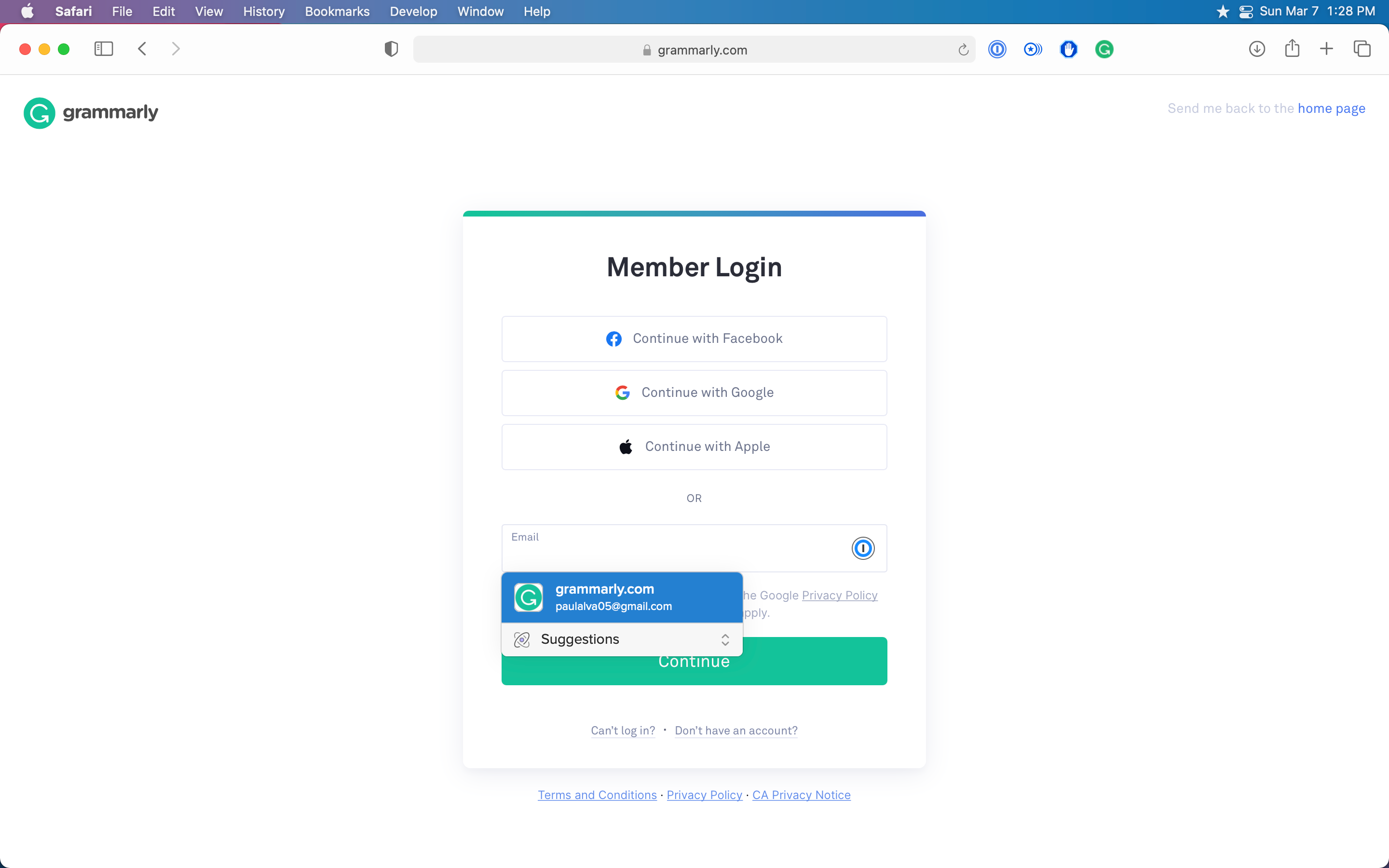 1Password Safari Extension auto-filling logins on Grammarly website.