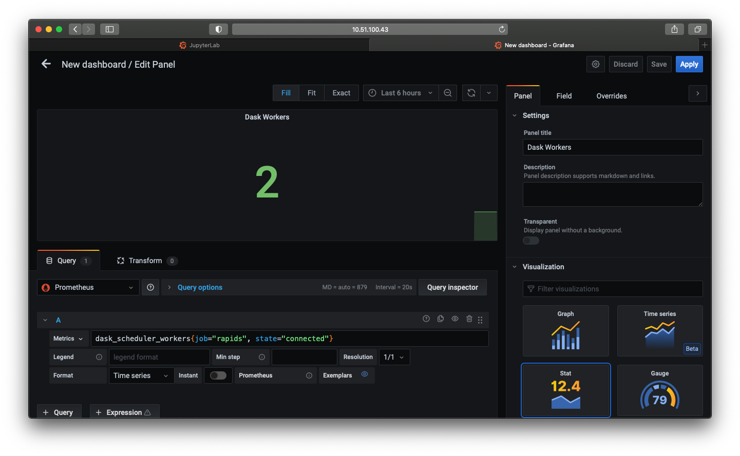 A screenshot of a Grafana plot editor showing a stat plot with the query for number of Dask workers and the plot displays the number two.