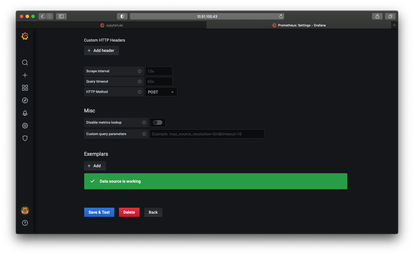 A screenshot of the Grafana add Prometheus source page where the &ldquo;save and test&rdquo; button has been clicked and a notification saying &ldquo;Data source is working&rdquo; is displayed.