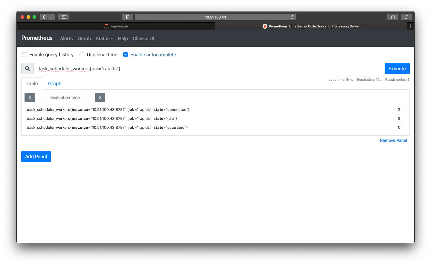 A screenshot of the prometheus dashboard showing a query for the number of Dask workers and a refult of two connected and idle workers.