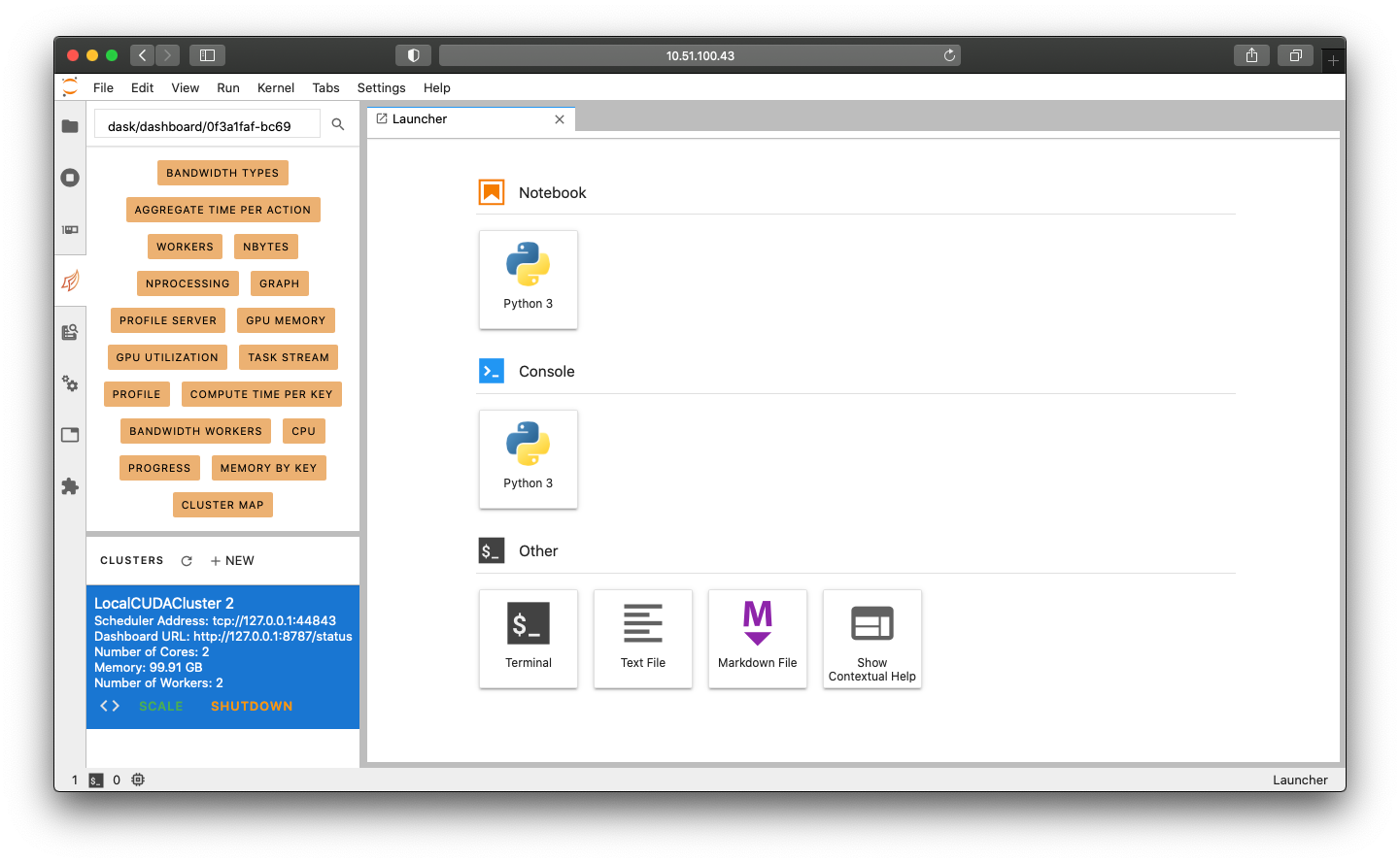 A screenshot of a Dask cluster being created using the Jupyter Lab Dask Extension.