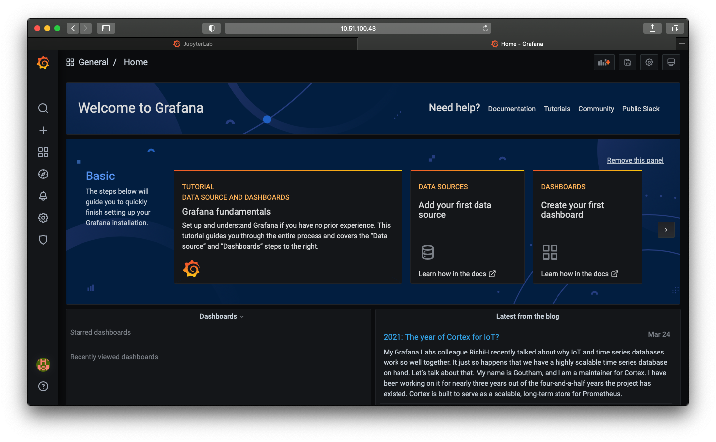 A screenshot of the Grafana Dashboard home page with the first time setup flow visible.