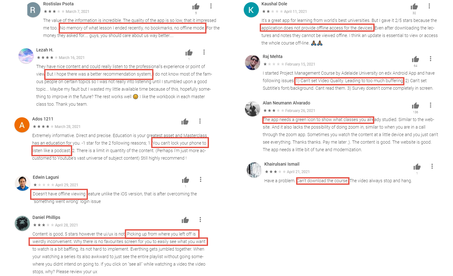 Playstore Reviews on EdTech Apps Skillshare, Masterclass, etc.