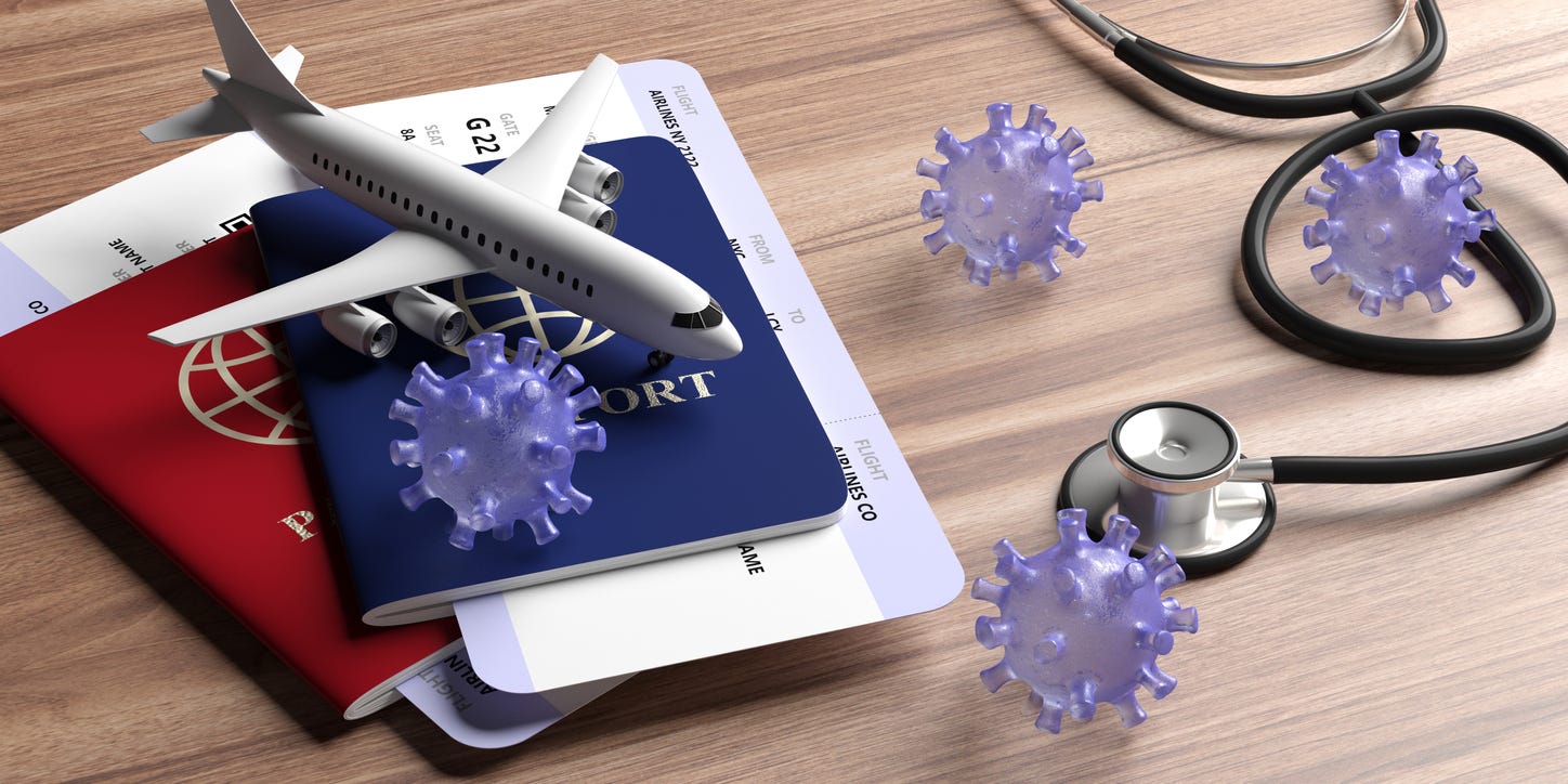 Flu coronavirus pandemic virus infection, travel and health concept. Medical stethoscope and travel documents on wood background. 3d illustration