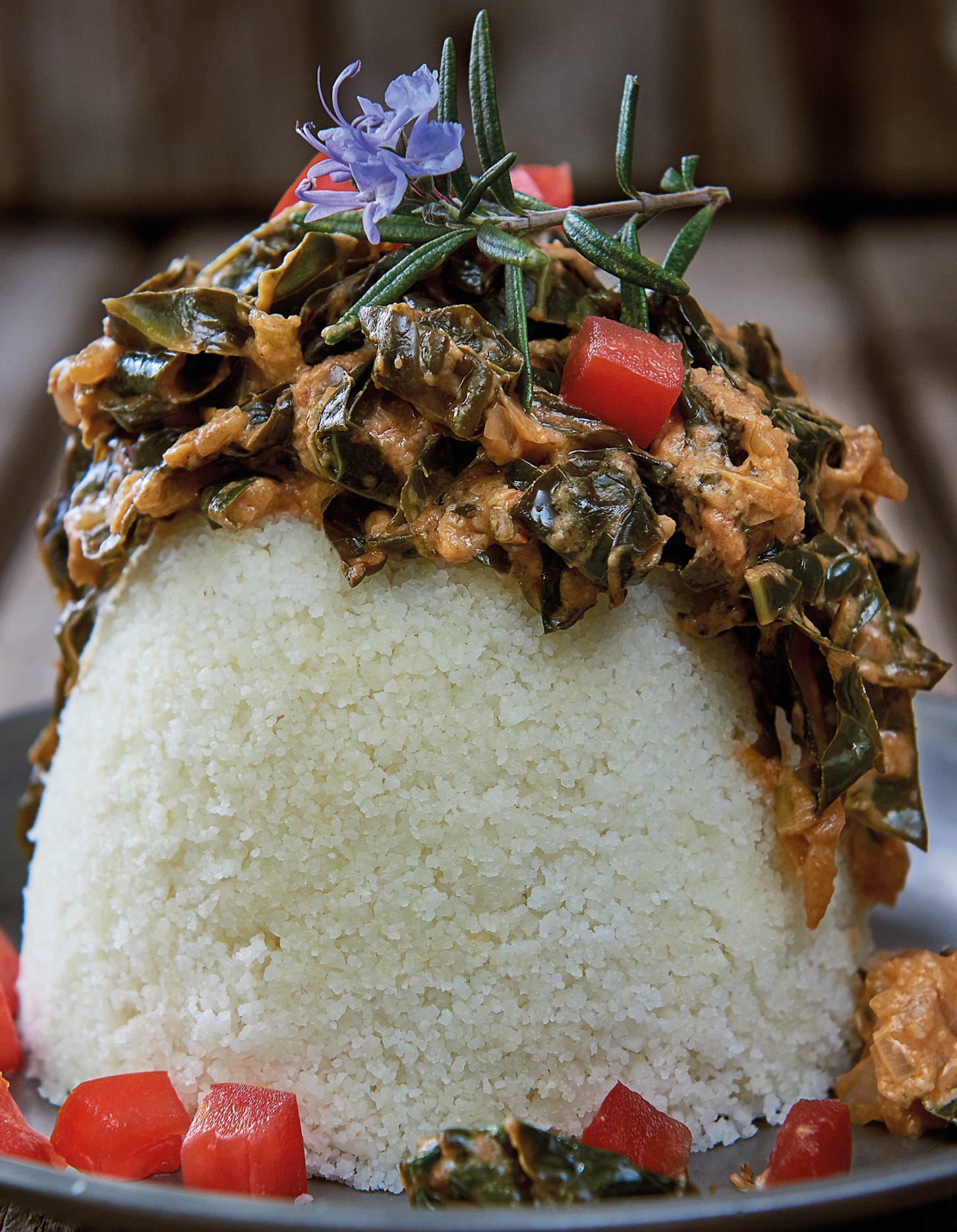 Chomolia (African kale) in Peanut Sauce, served with Uphuthu by