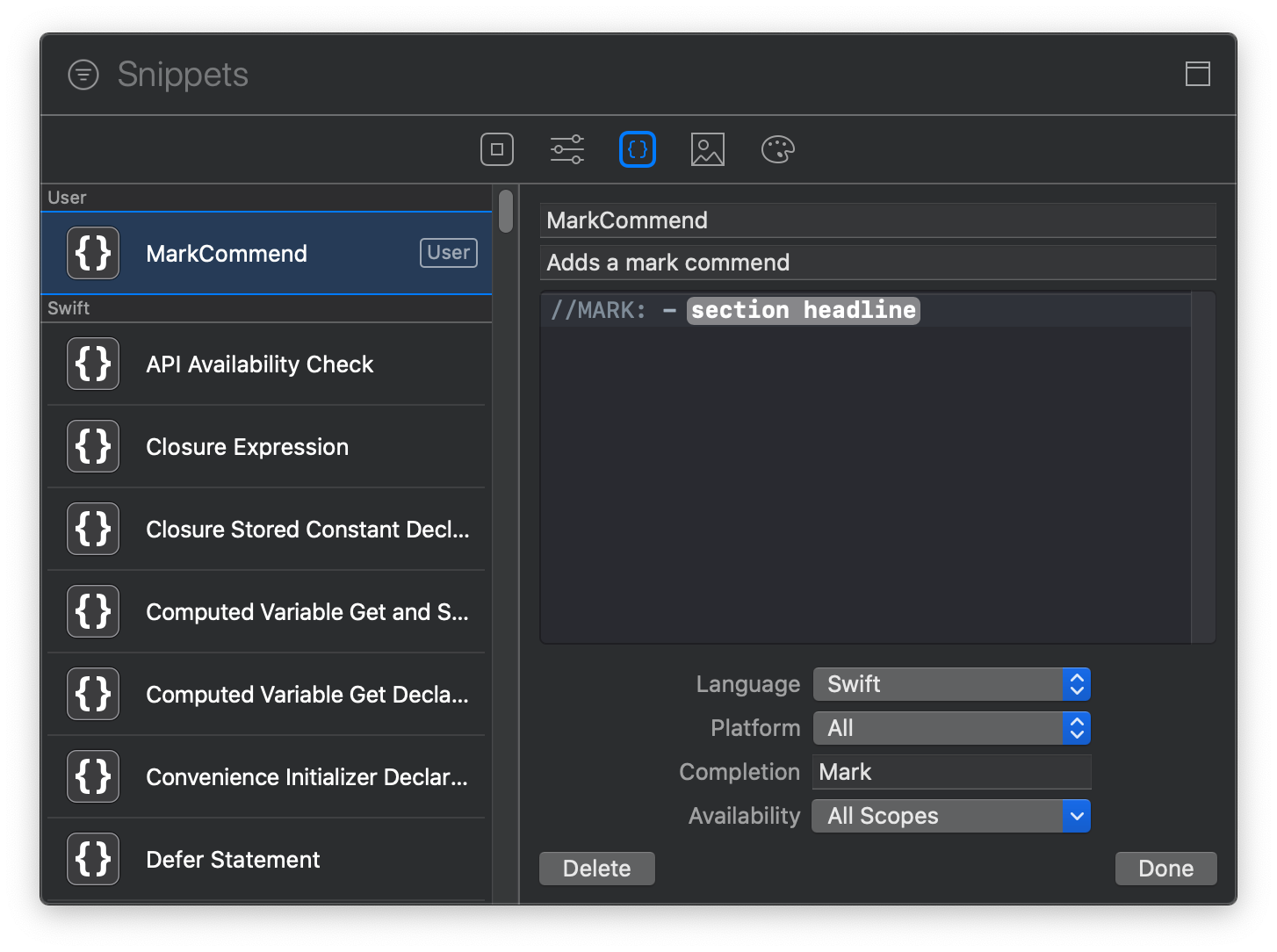 Create Code Snippets. Swift有個方便的功能叫做Snippets，透過右上角「＋」可以拖入各種常用的… | by 許 ...
