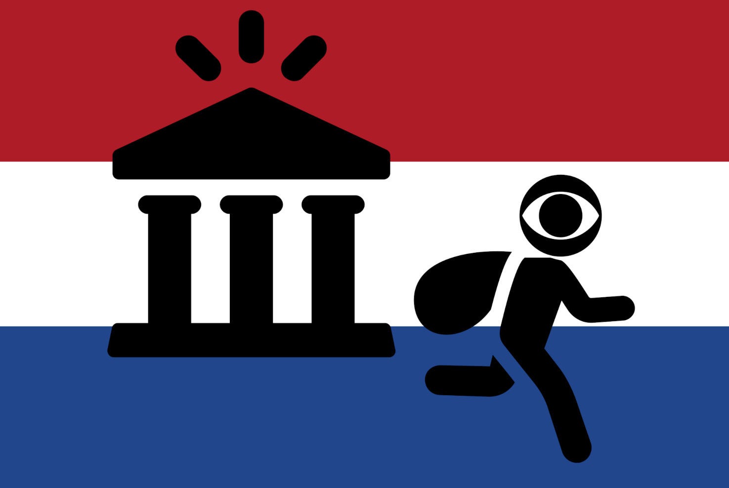 Icoon van een dief die ontsnapt uit een overheidsgebouw met een buitzak;  De achtergrond is de Nederlandse vlag en het hoofd van de dief is vervangen door een logo 