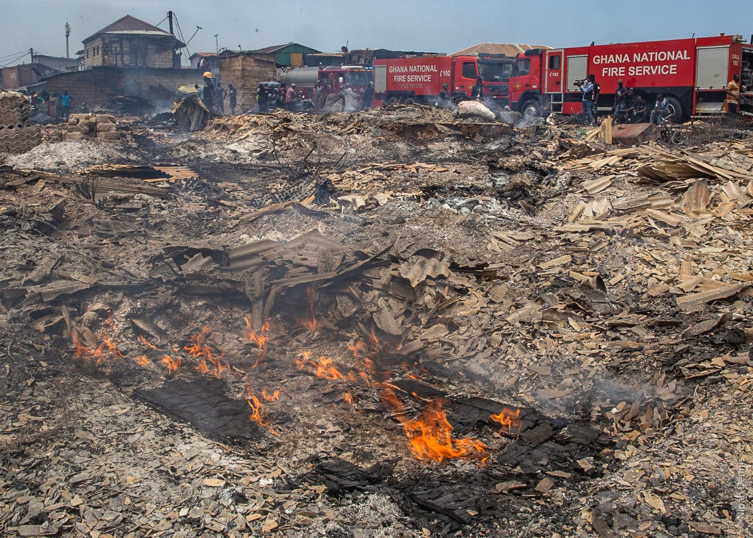 Homes burned to the ground in Agbogbloshie, Accra, Ghana. April 7, 2020. Photo by Nipah Dennis