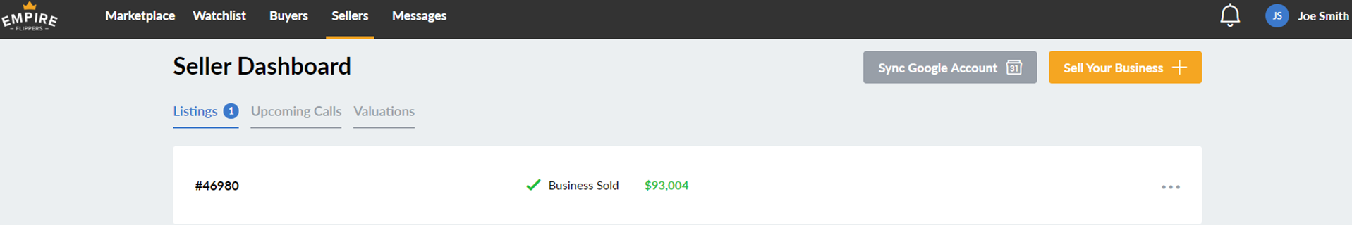 Sale proof from Empire Flippers Dashboard