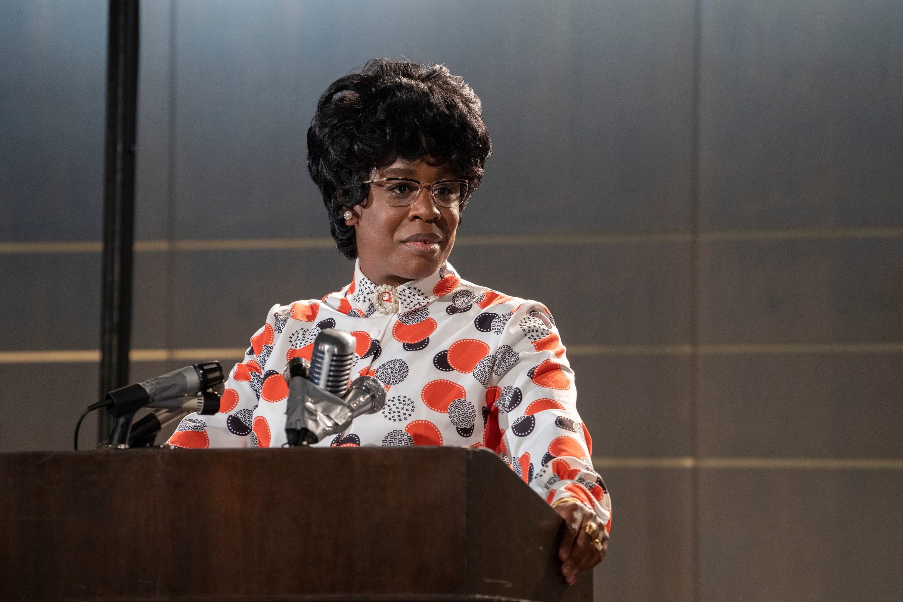 A photo of Uzo Aduba as Shirley Chisholm on an episode of “Mrs. America.”