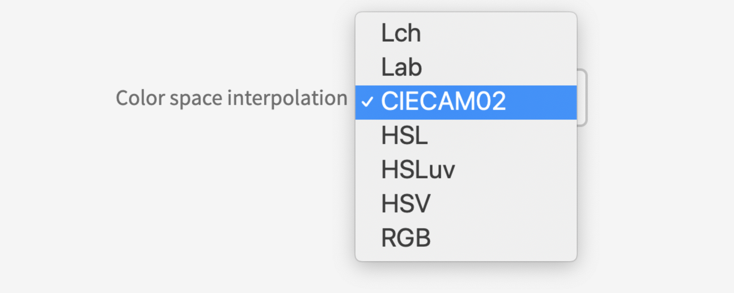 Dropdown with color space interpolation options Lch, Lab, CIECAM02, HSL, HSLuv, HSV, and RGB