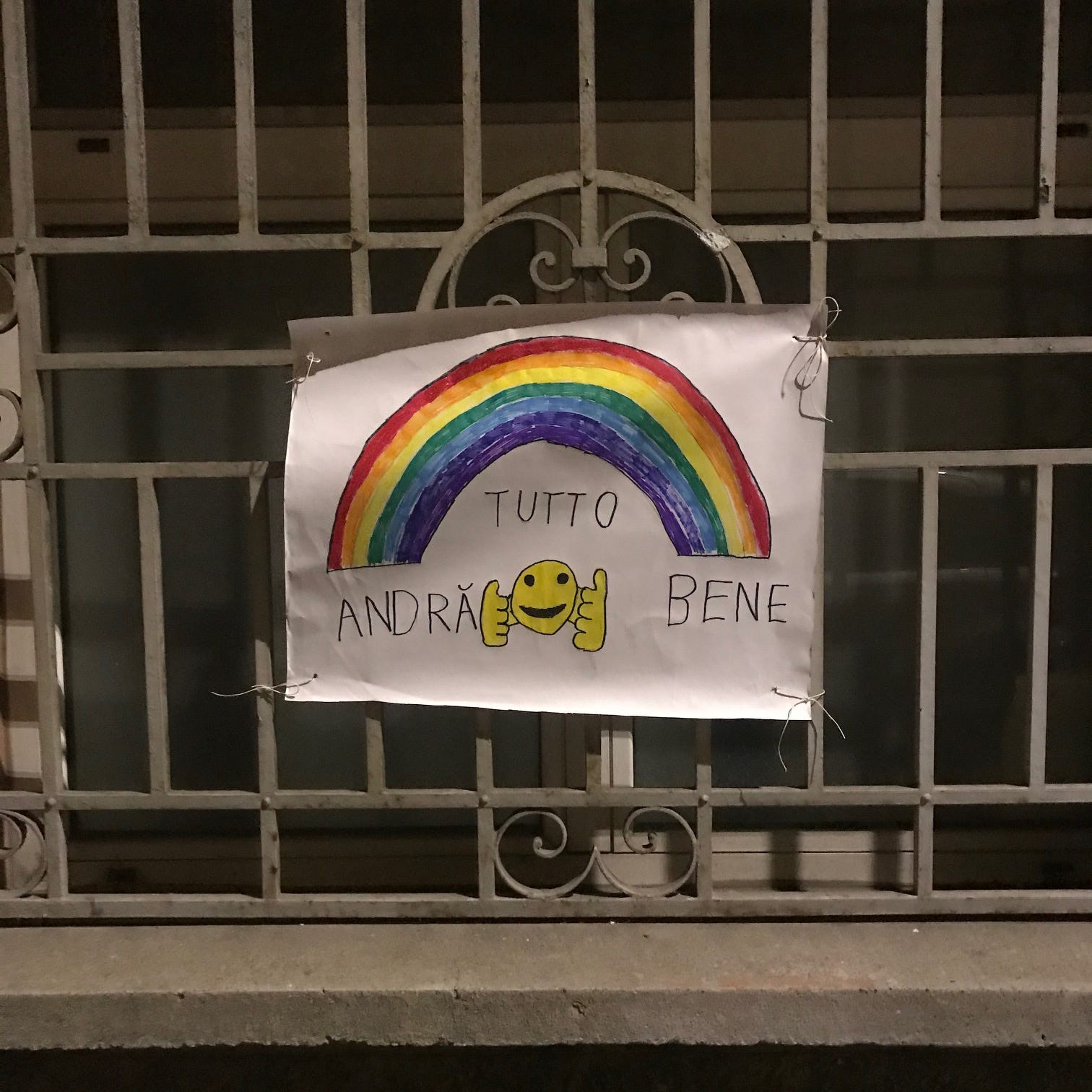 An Italian Child’s Sign (Everything will be alright), hanging outside an apartment in Bologna, Italy. March 2020.