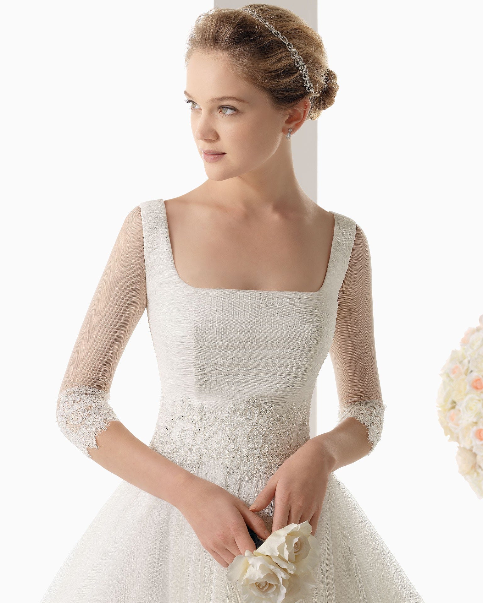Simple Ball Gown Straps 3 4 Length Sleeve Lace Floor Length Tulle