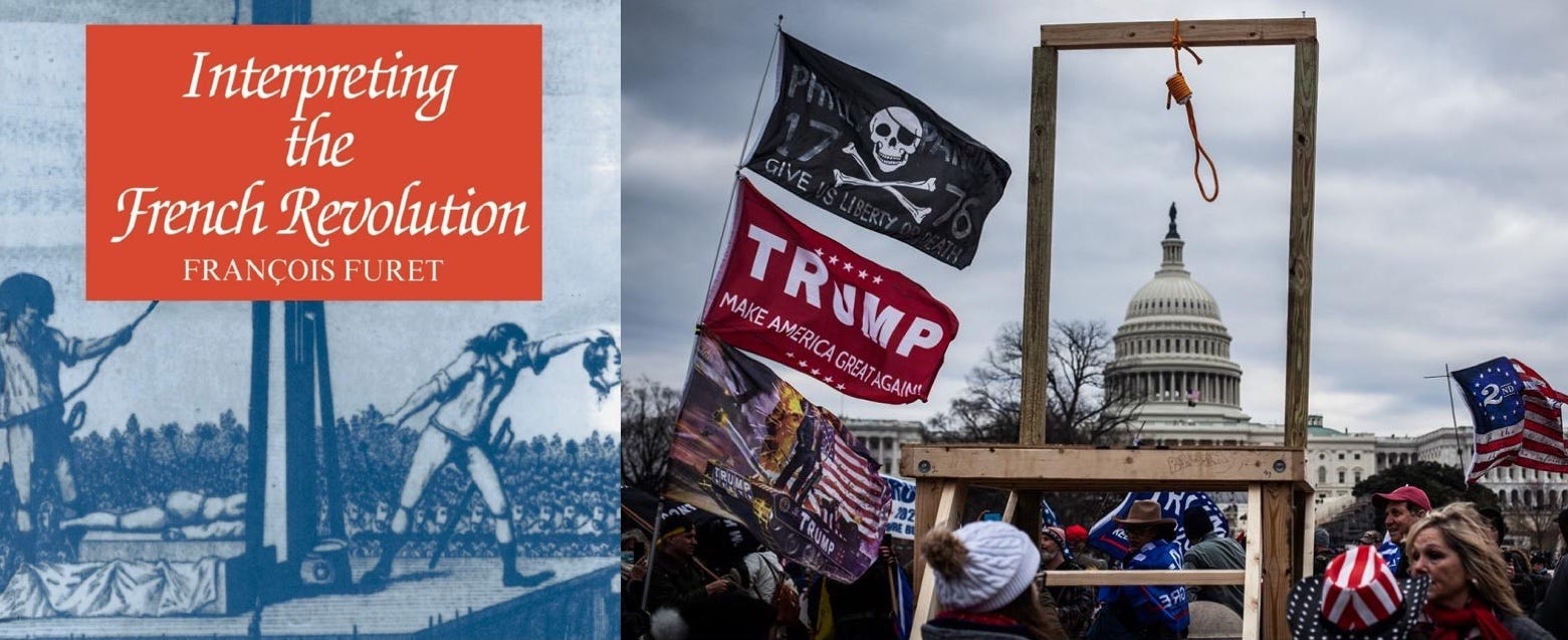 Book on French Revolution next to gallows at US Capitol from January 6 insurrection.