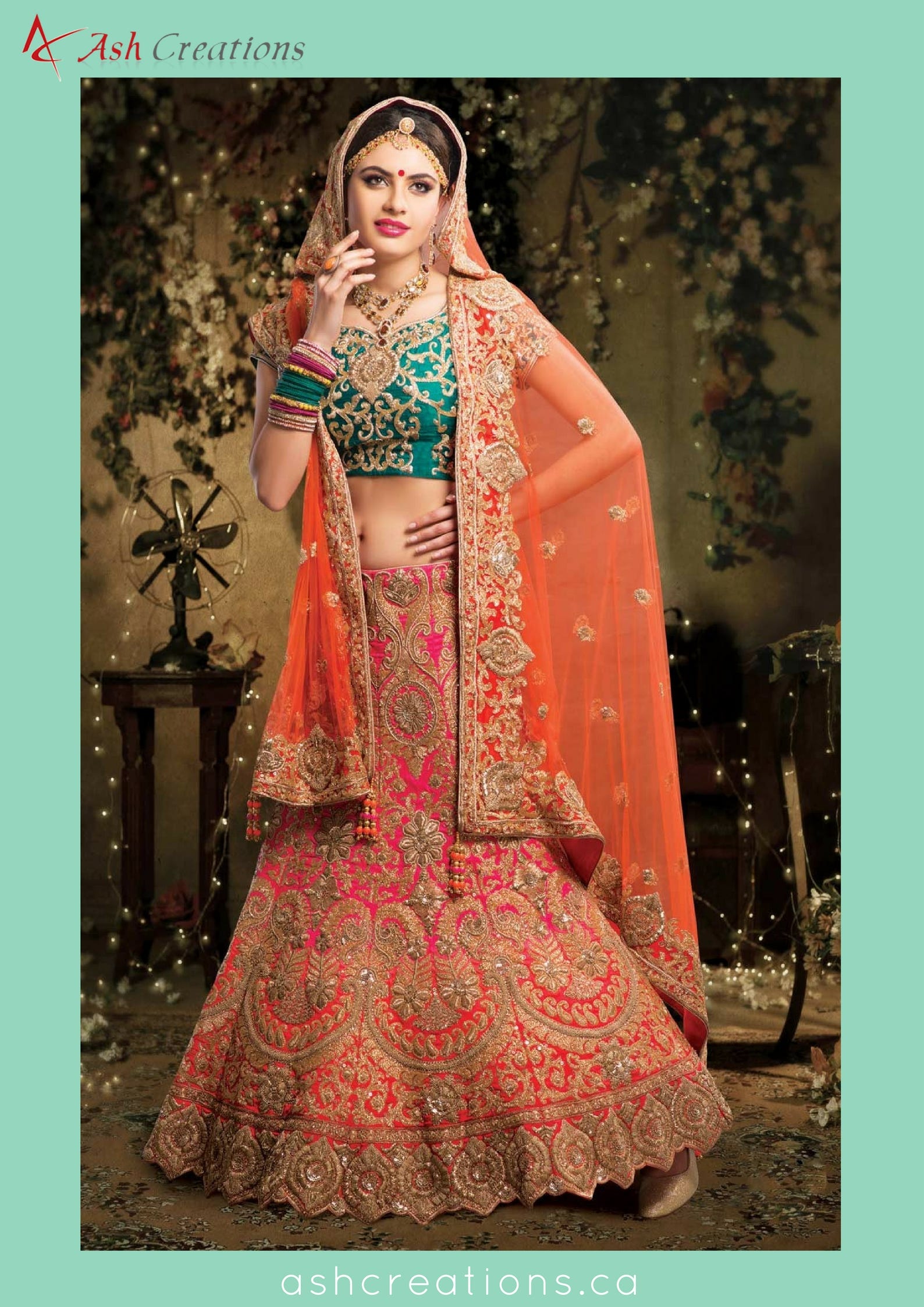 red orange combination bridal lehenga