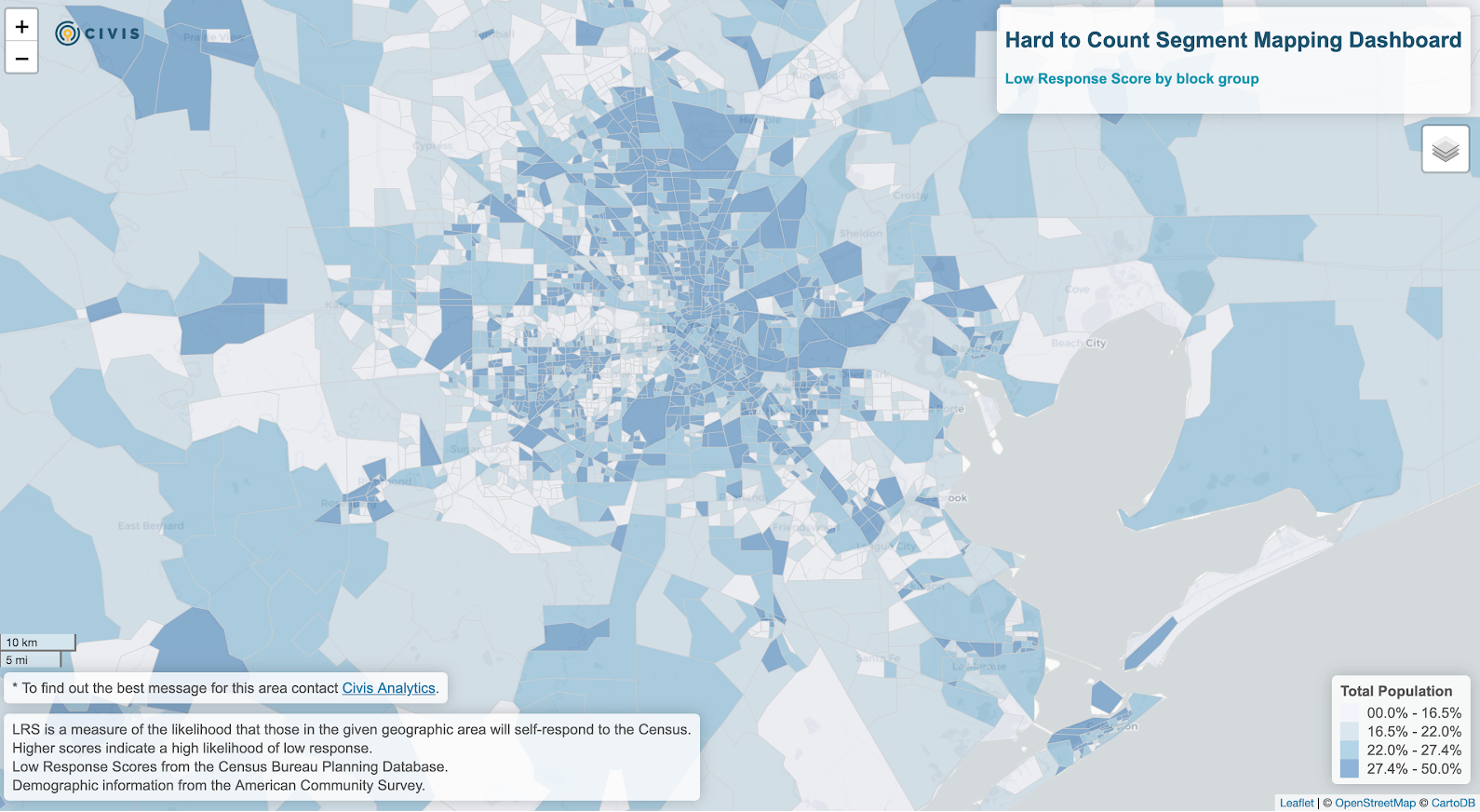 Zoom in of the hard count segment mapping dashboard showing counties surrounding Houston