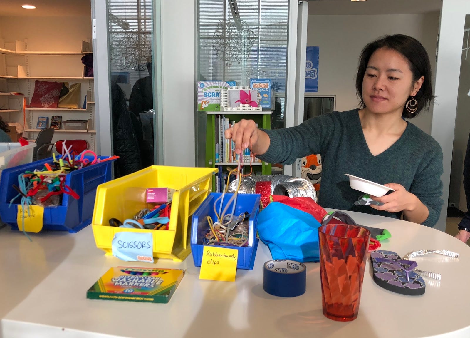 Basic workshop supplies: pipe cleaners, markers, scissors, rubber bands, and more!