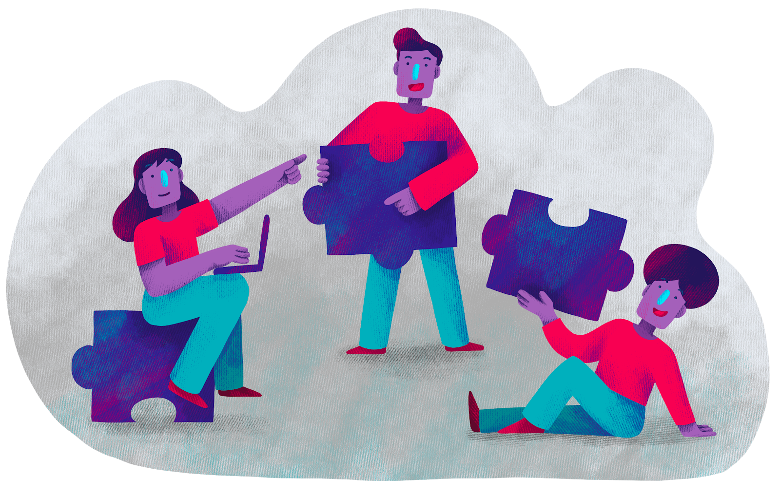Ilustração de pessoas segurando peças de quebra-cabeça para simular boa comunicação de profissionais em projetos de UX.