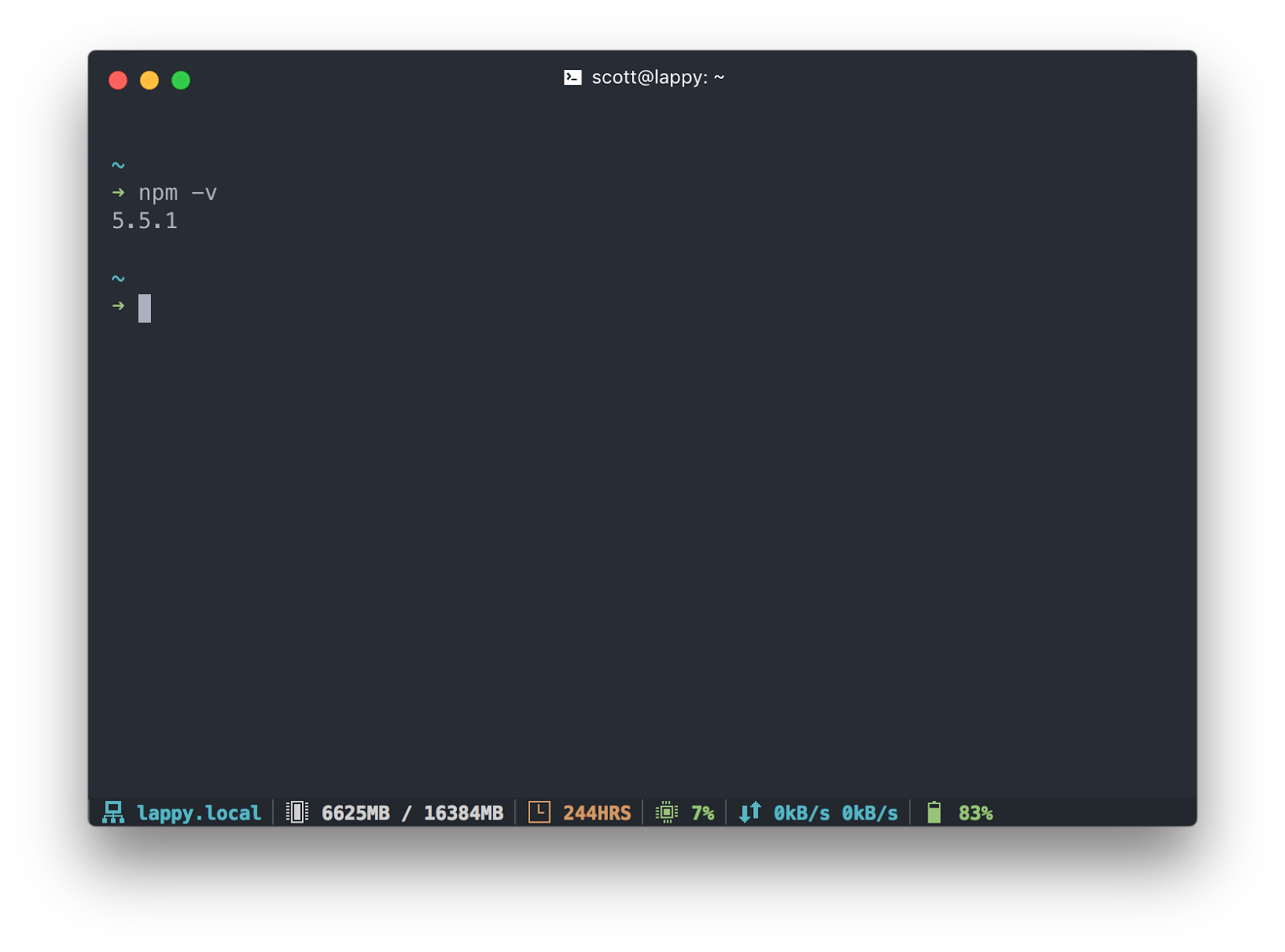 Screenshot of my Terminal application, Hyper Terminal, displaying the output of the "npm -v" command. The resulting text displays, "5.5.1"