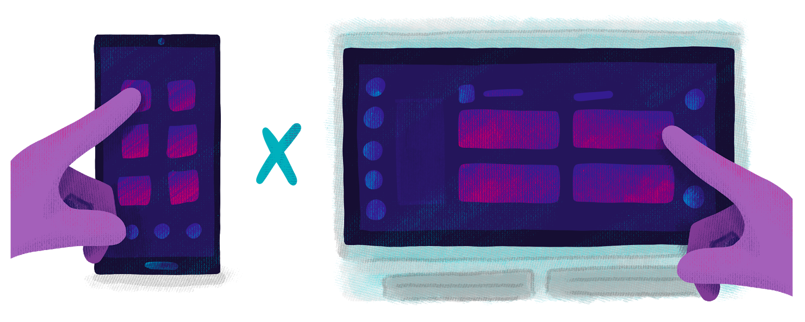 Ilustração de um tablet e um smartphone para mostrar que as interações no UX em interfaces automotivas devem ser rápidas e diretas.