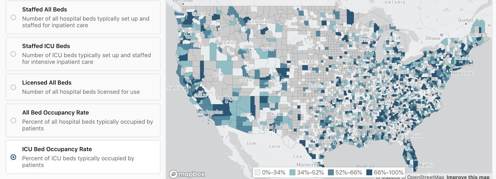 US hospitals’ bed capacity for COVID19 patients by COVID Care Map