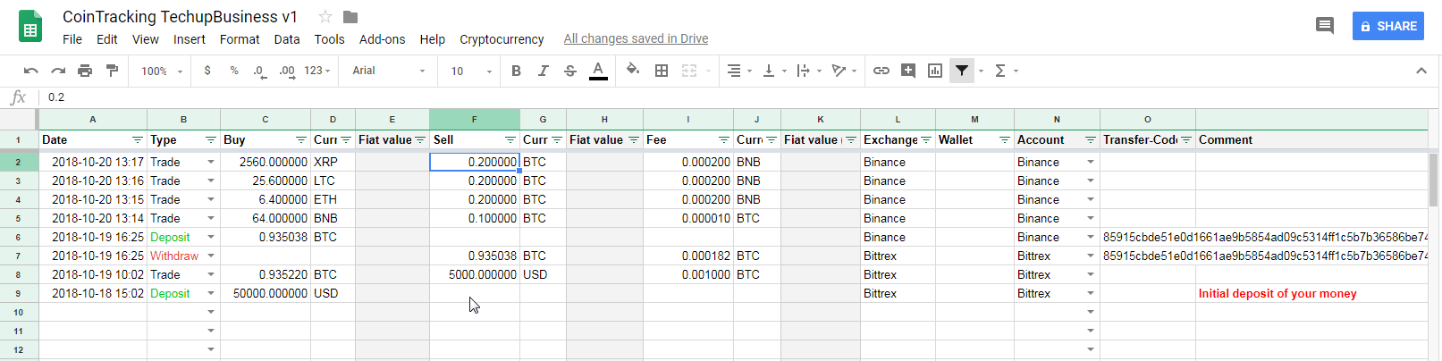 google sheets altcoin prices