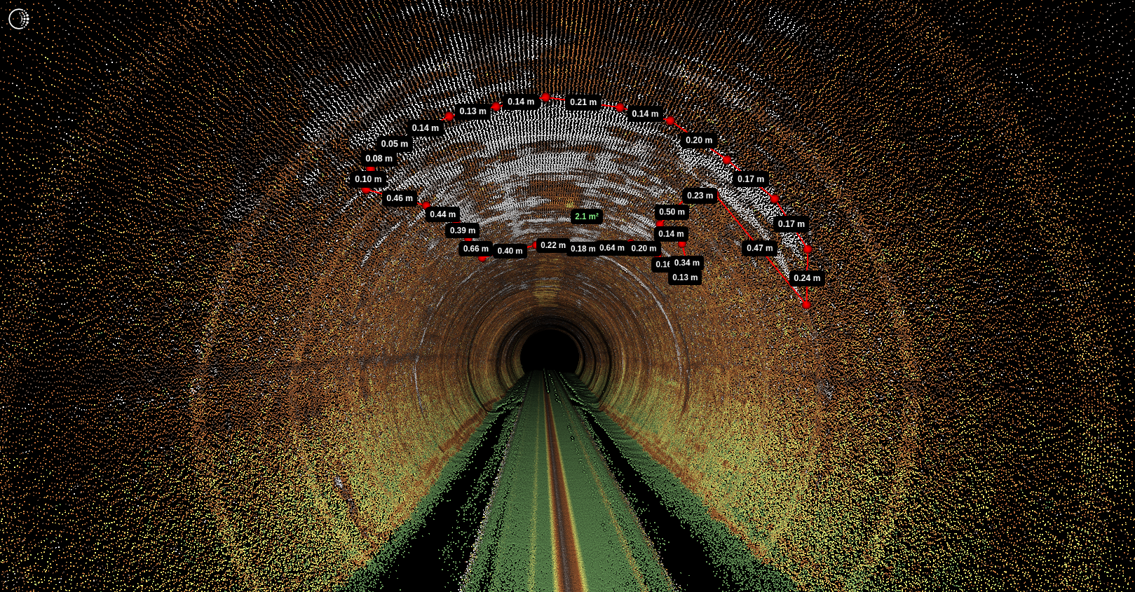 The image shows how the software can focus on specific parts of the point cloud and measurements can be made by the user.