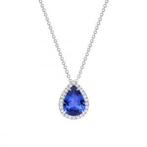 Tanzanite pear pendant necklace with diamonds surrounding.