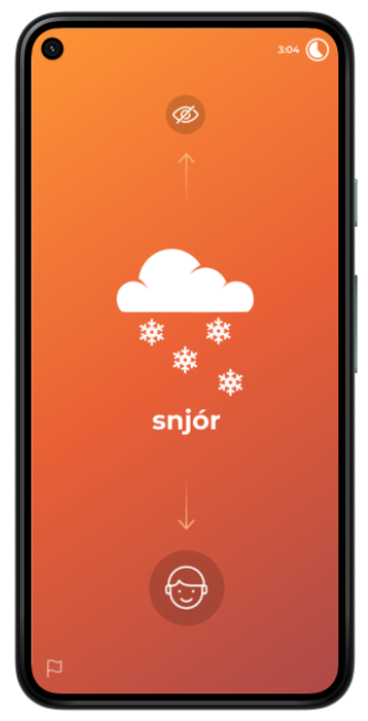 Phone with picture of cloud with snow falling. Text underneath that says “snjor”