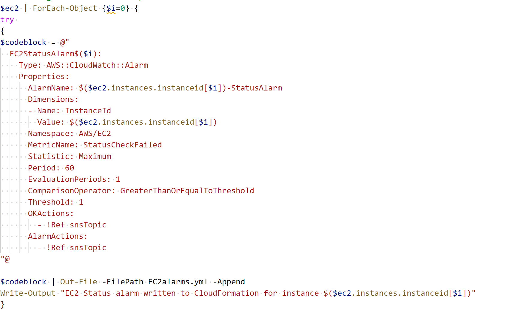 PowerShell code block that writes CloudFormation YAML through a loop.