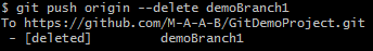 Screenshot of Git command to delete a remote branch