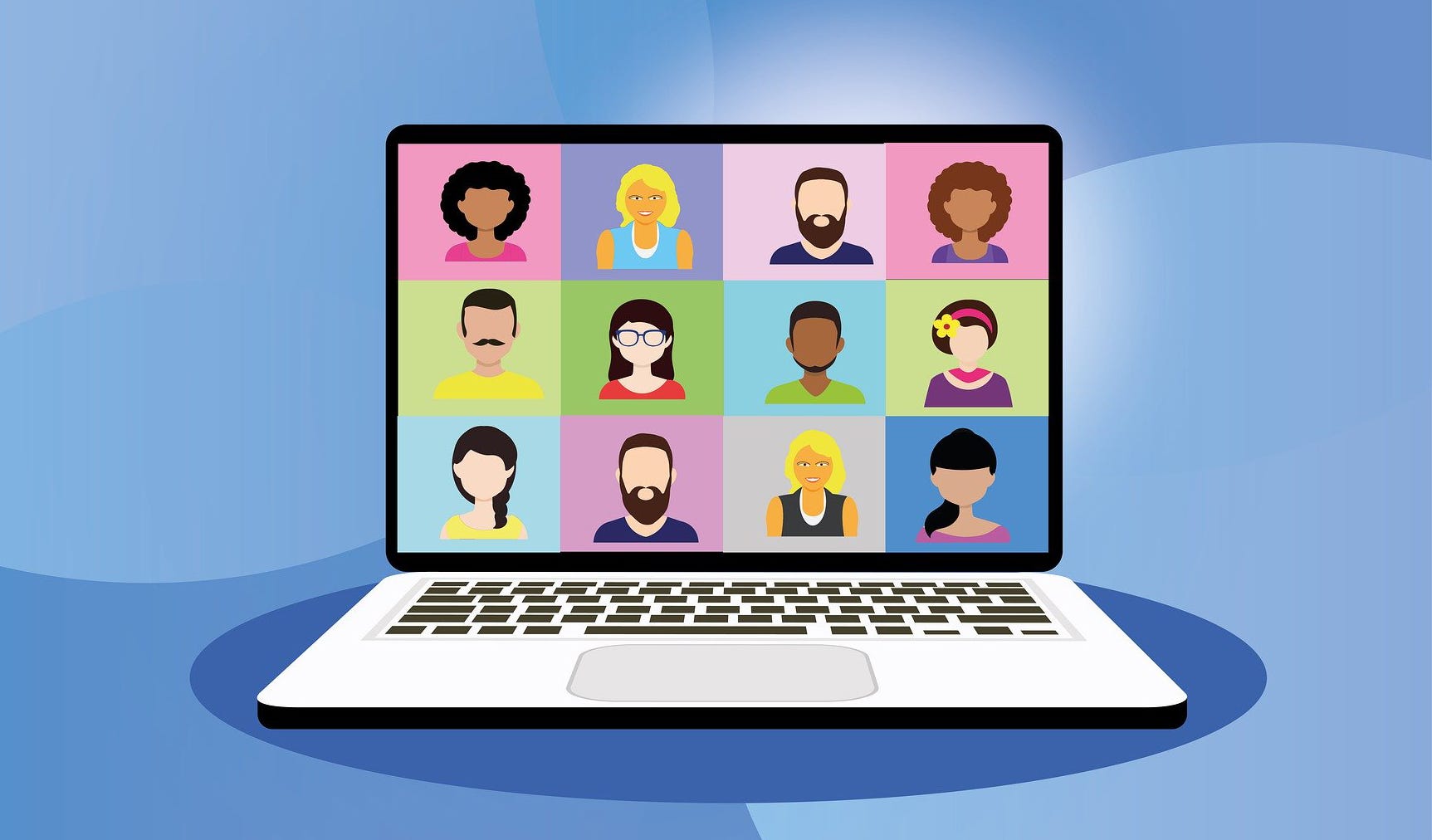 A graphic of a video conference on a laptop with 12 images of cartoon men and women staring straight ahead.