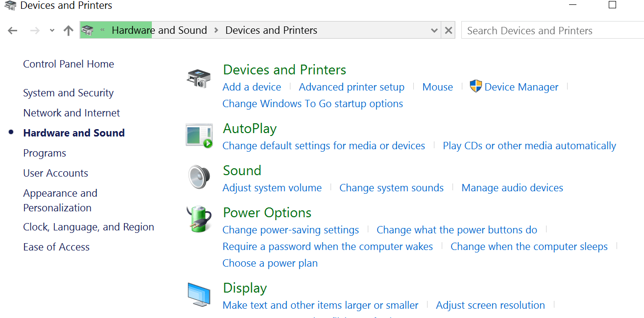 windows 10 devices and printers hangs and won't open