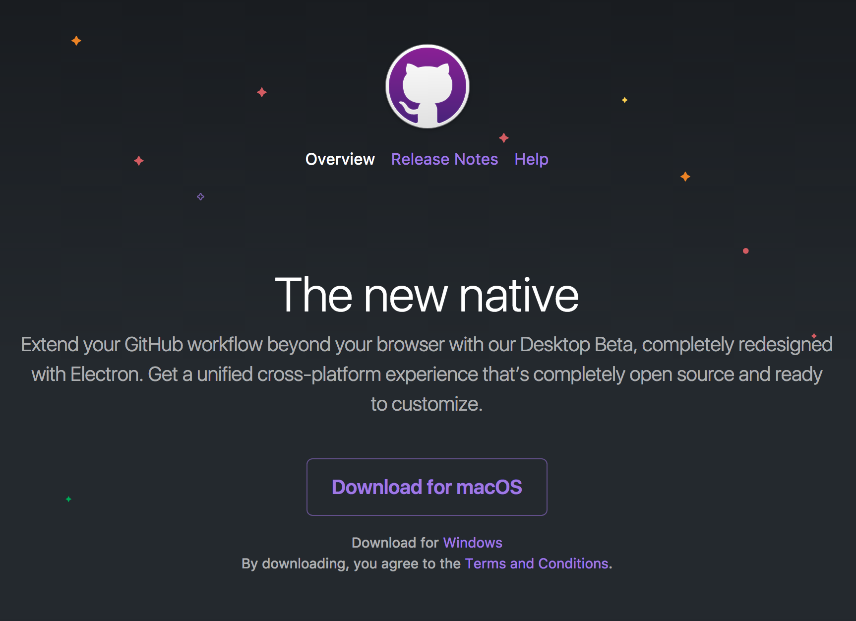 The GitHub Desktop homepage with a "Download for macOS" link, along with a Windows link. Along the top is the main navigation area. In the middle of the screen text reads, "The new native" with a description of what GitHub Desktop is all about.